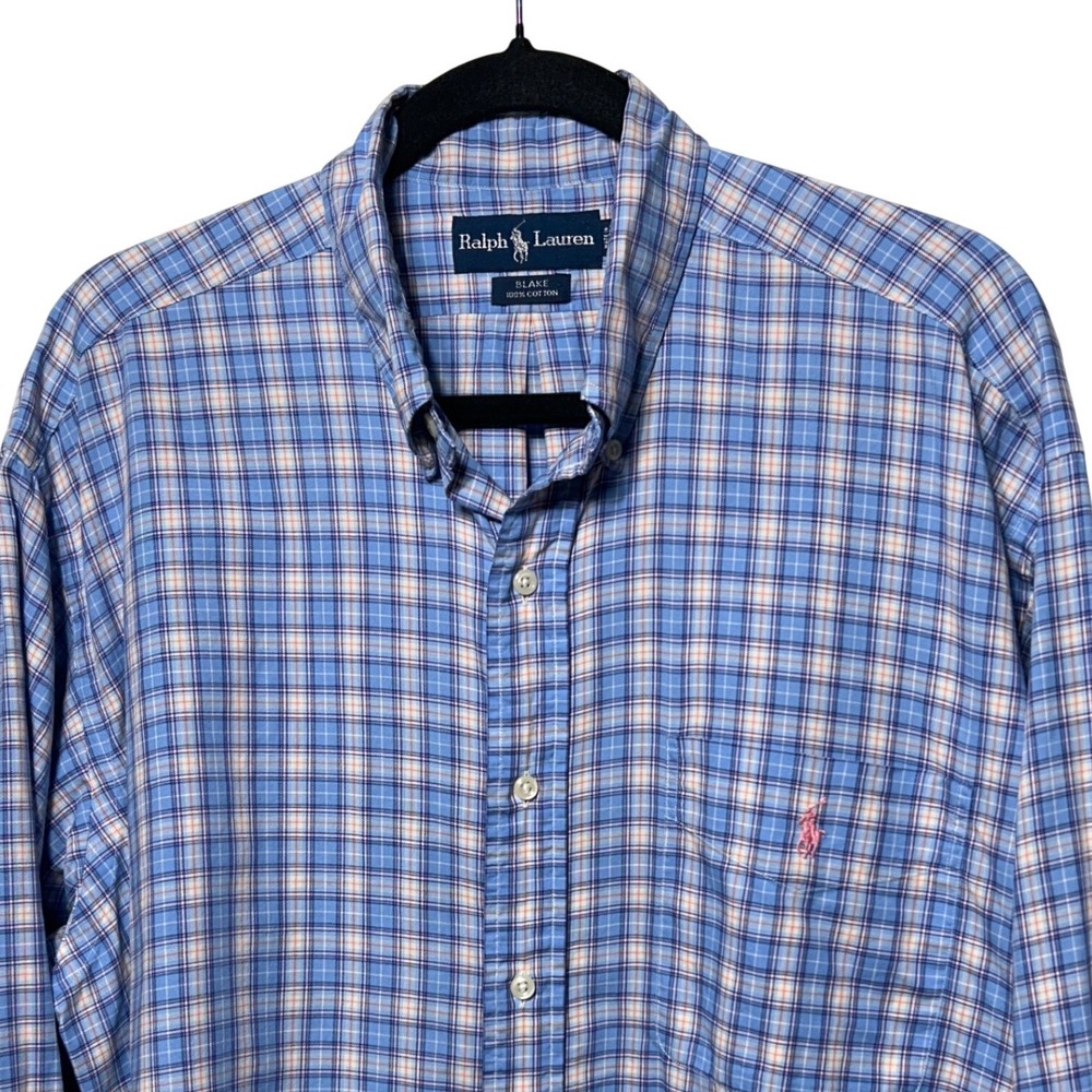Ralph Lauren Blake Shirt Mens Large Blue Plaid Cotton Long Sleeve Button Down
